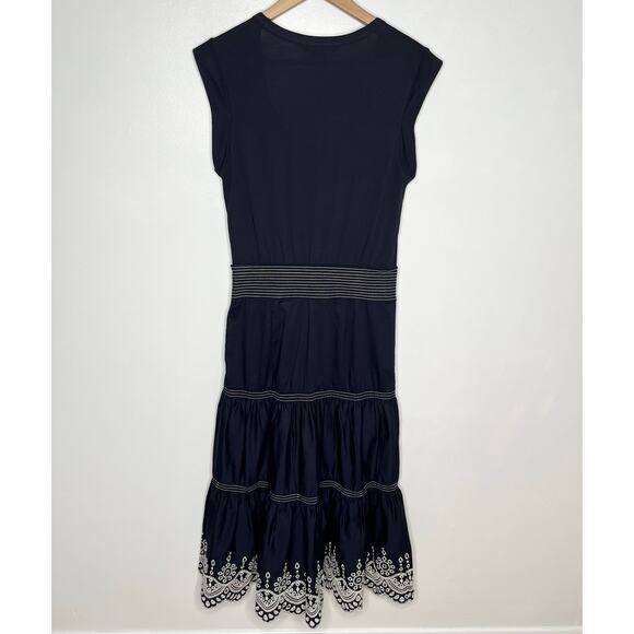Veronica Beard Amaia Eyelet Midi Dress XS Navy Tiered Embroidered Floral Cotton - Picture 8 of 12